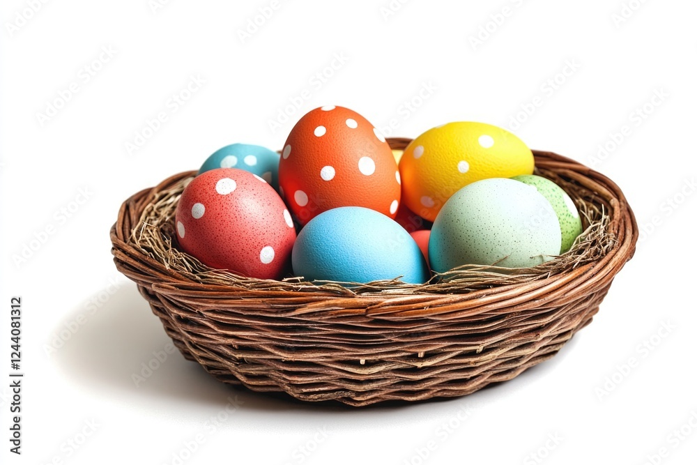 A wicker basket filled with colorful Easter eggs, perfect for spring and holiday decorations A wicker basket filled with colorful Easter eggs, perfect for spring and holiday decorations