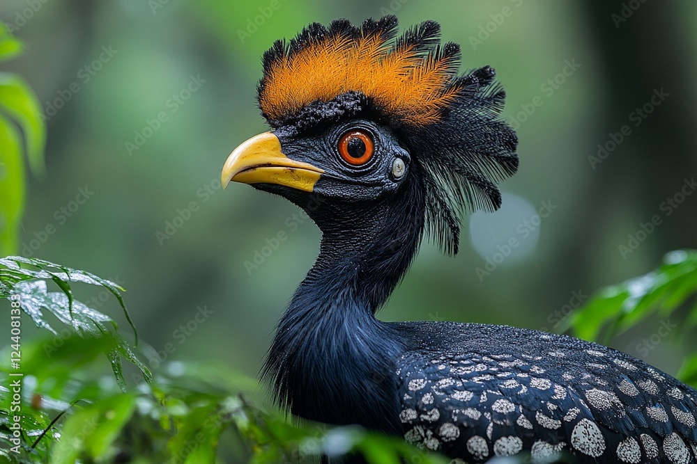 Fototapeta premium Bare-faced curassow bird with black and orange head standing in dense green foliage