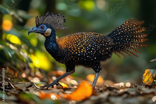 Bird with black and orange feathers and bare-faced curassow walking on long legs in nature photo