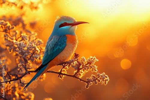 Bee-eater bird perched on a slender branch with vibrant plumage against a natural background