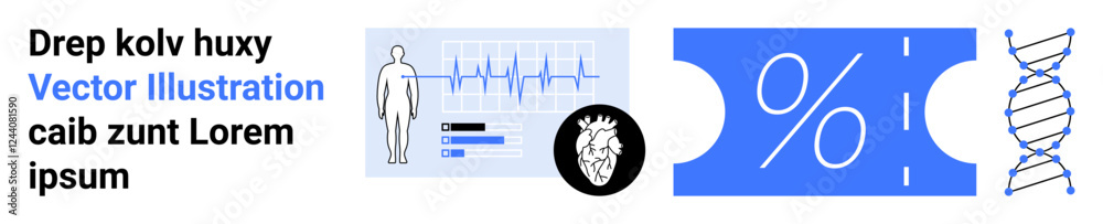 Human figure with health metrics, EKG waveform, heart illustration, percentage symbol, and DNA strand merge science and technology. Ideal for healthcare, genetics, research, analysis innovation Human figure with health metrics, EKG waveform, heart illustration, percentage symbol, and DNA strand merge science and technology. Ideal for healthcare, genetics, research, analysis innovation