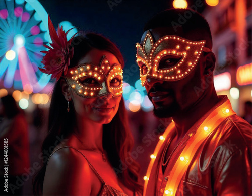 portrait of young couple wearing costumes in the night lights at the carnival
