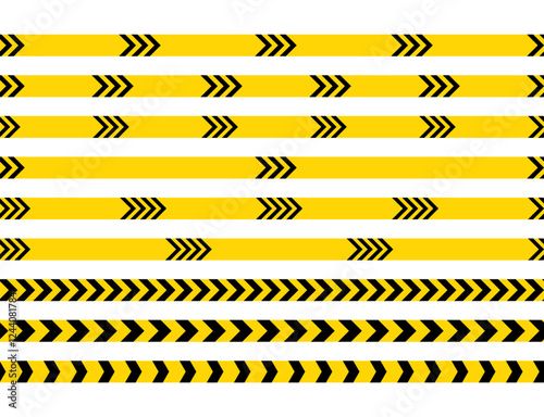 Yellow striped police ribbon. Seamless barrier borders for criminal accident zones. Crime scene tape. Set warning tapes lines for restriction of crime places. Vector illustration.