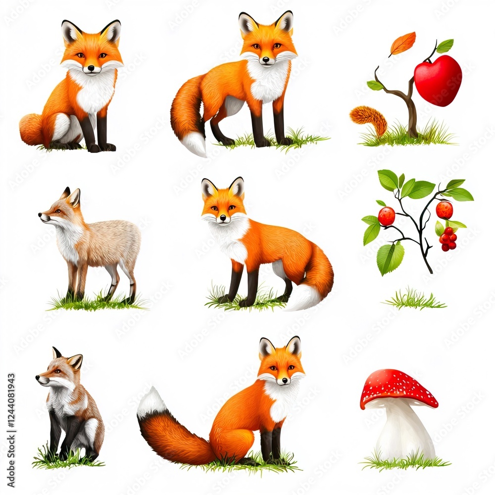 Fototapeta premium Whimsical Fox Illustrations with Nature Elements and Fungi
