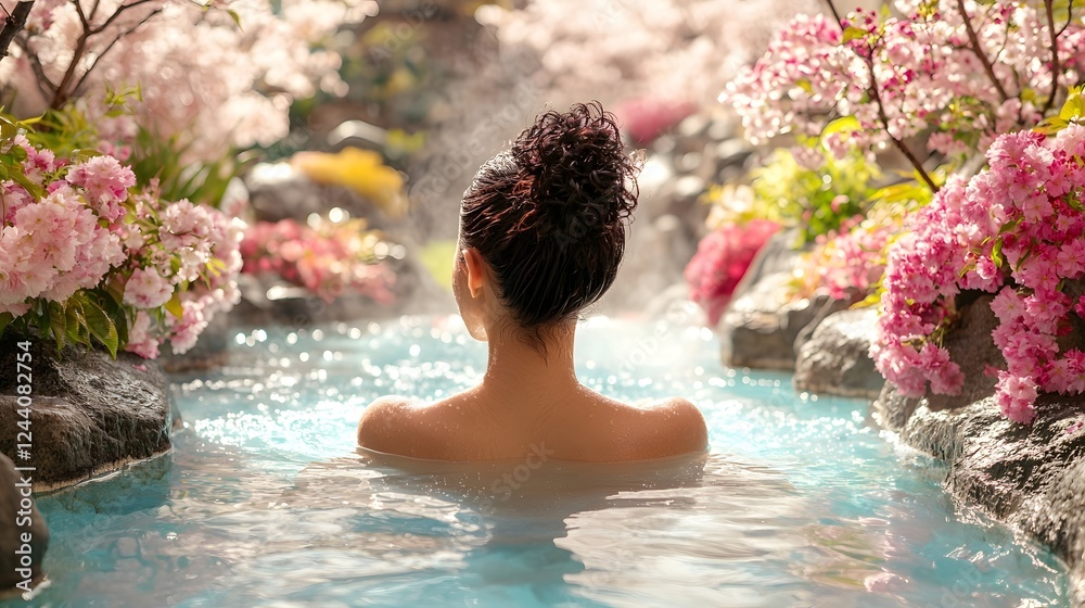 Fototapeta premium Woman Relaxing in Idyllic Onsen Surrounded by Blooming Flowers and Cherry Blossoms