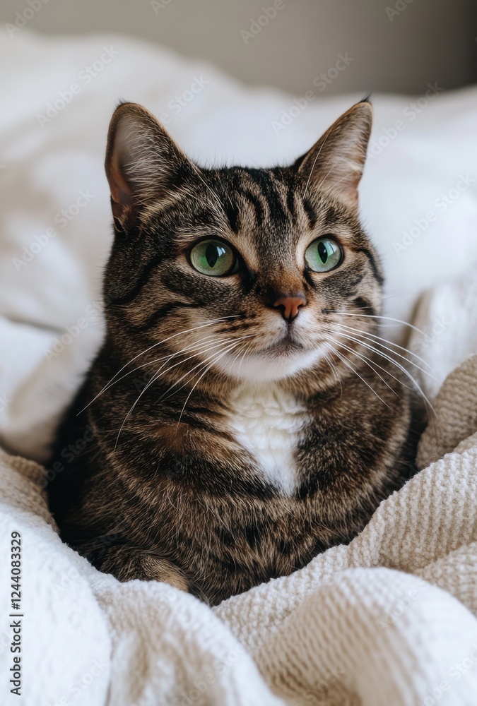 Adorable tabby cat with striking green eyes lounging on soft blanket, beautifully furred with intricate stripe patterns, looking curiously at the camera Adorable tabby cat with striking green eyes lounging on soft blanket, beautifully furred with intricate stripe patterns, looking curiously at the camera