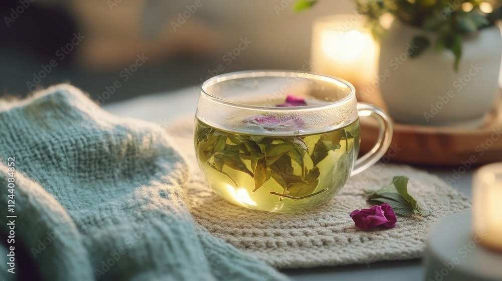 calming tea setup with a cozy blanket, promoting relaxation and stress relief, encouraging a routine for mental health self-care. calming tea setup with a cozy blanket, promoting relaxation and stress relief, encouraging a routine for mental health self-care.
