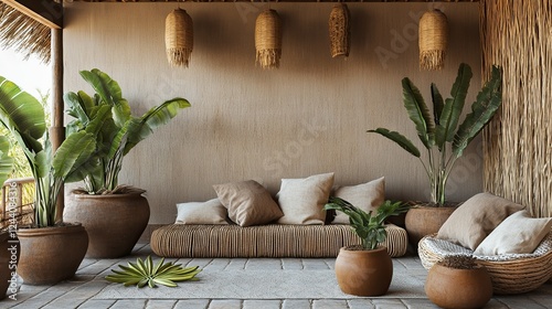 A rustic lounge area with African-inspired reed seating