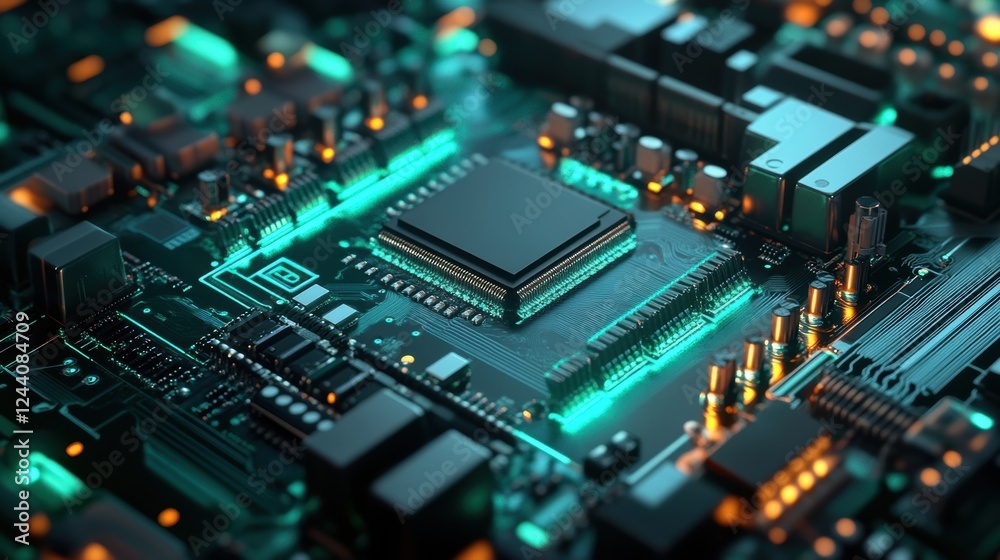 Futuristic motherboard featuring an advanced cpu cooling system with vibrant teal lights, highlighting intricate circuitry and symbolizing cutting edge technology Futuristic motherboard featuring an advanced cpu cooling system with vibrant teal lights, highlighting intricate circuitry and symbolizing cutting edge technology