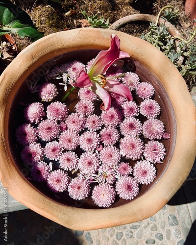 oink flowers floating in water in a pot photo