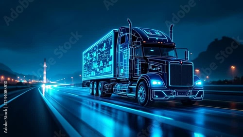 Futuristic semi truck with glowing blue neon lights driving on night highway. Cinematic night transportation scene with luminous trailer and light trails on dark road