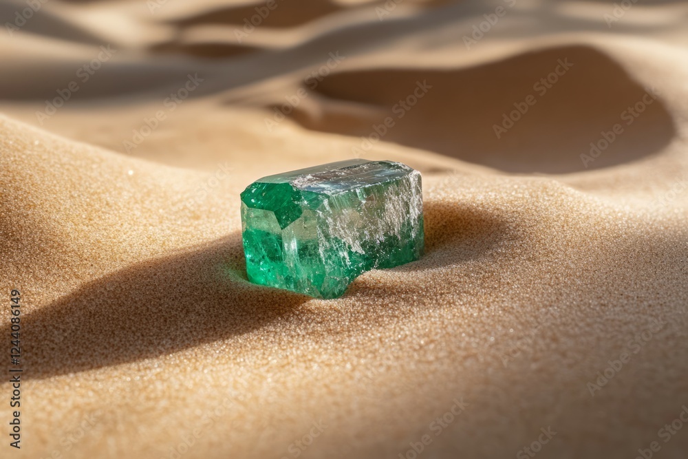 Emerald on sunlit sand with shadows. Neural network AI generated Emerald on sunlit sand with shadows. Neural network AI generated