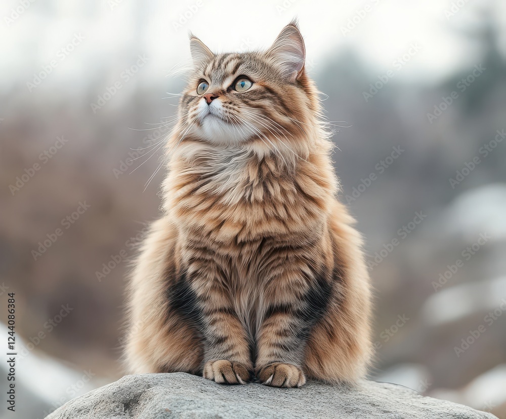 Beautiful fluffy cat with striking green eyes sits gracefully on a rock in an outdoor setting, captured in soft natural lighting and blurred background Beautiful fluffy cat with striking green eyes sits gracefully on a rock in an outdoor setting, captured in soft natural lighting and blurred background