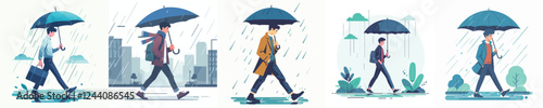 vector set of men walking with umbrellas in the rain