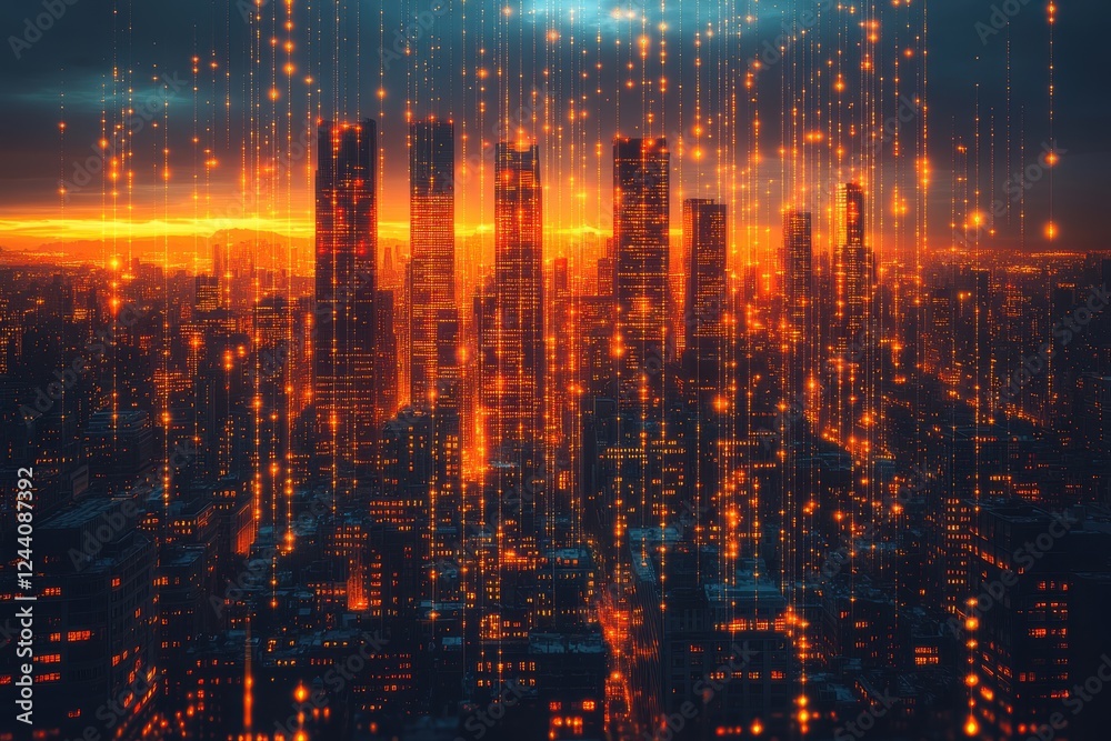 Fototapeta premium A vibrant city skyline illuminated by glowing particles at sunset.