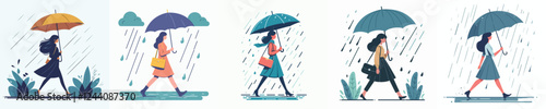vector set of men walking with umbrellas in the rain