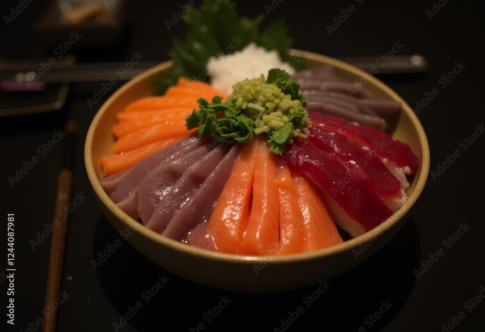 Artistic display of assorted sashimi in a bowl on a dark background Artistic display of assorted sashimi in a bowl on a dark background