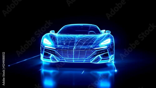 Futuristic sports car concept with neon blue holographic wireframe effect. High-tech automotive design visualization glowing in darkness. Digital art representation of modern supercar