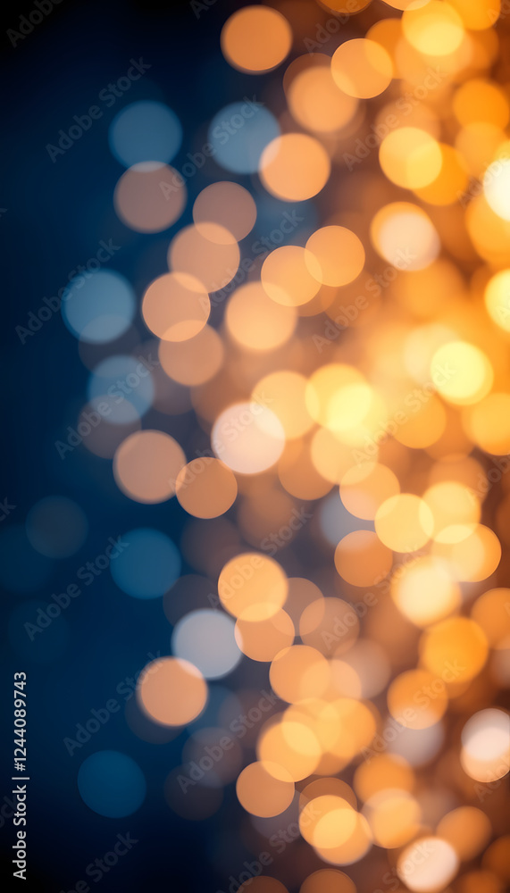 Fototapeta premium Decoration twinkle lights background, abstract sparkle backdrop with circles,modern design wallpaper with sparkling glimmers. Blue, orange and golden backdrop glittering sparks with blur effect, iso