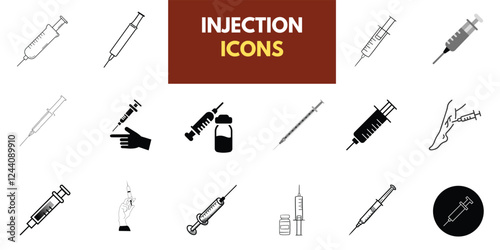 Set of Medical Injection icons, syringe icon vector black and white. Doctors often use syringes to prevent and treat malignant diseases. Injection icon, Syringe,