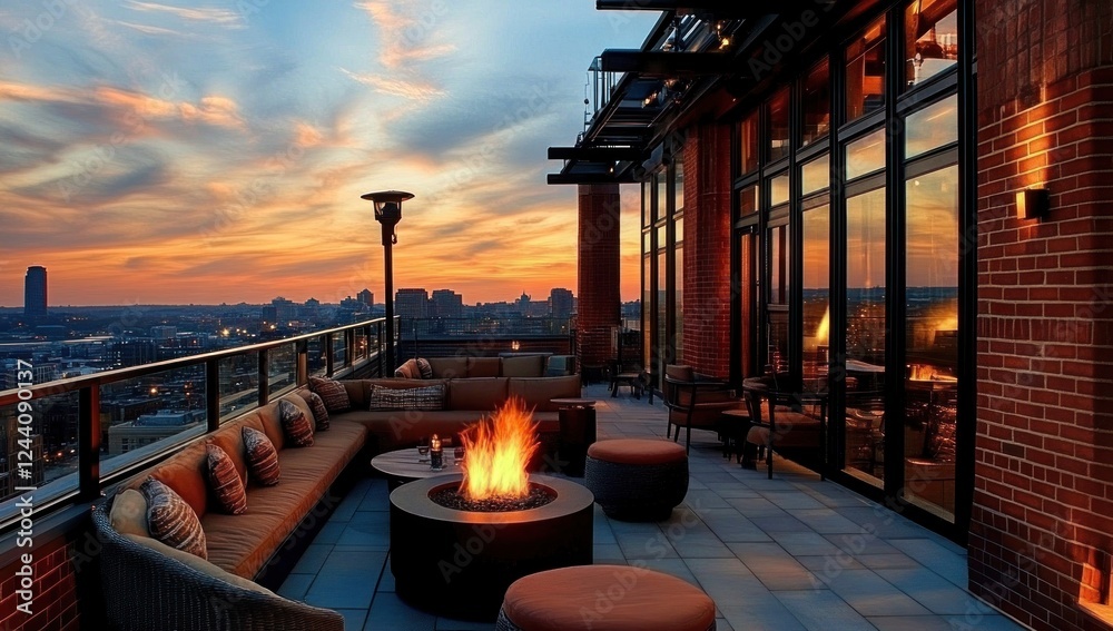 Fototapeta premium Rooftop Lounge at Sunset: Cityscape Views and Cozy Ambiance