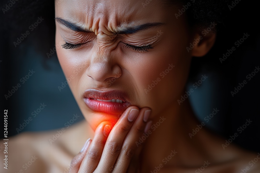 Painful expression of a person suffering from a toothache in a dimly lit room Painful expression of a person suffering from a toothache in a dimly lit room