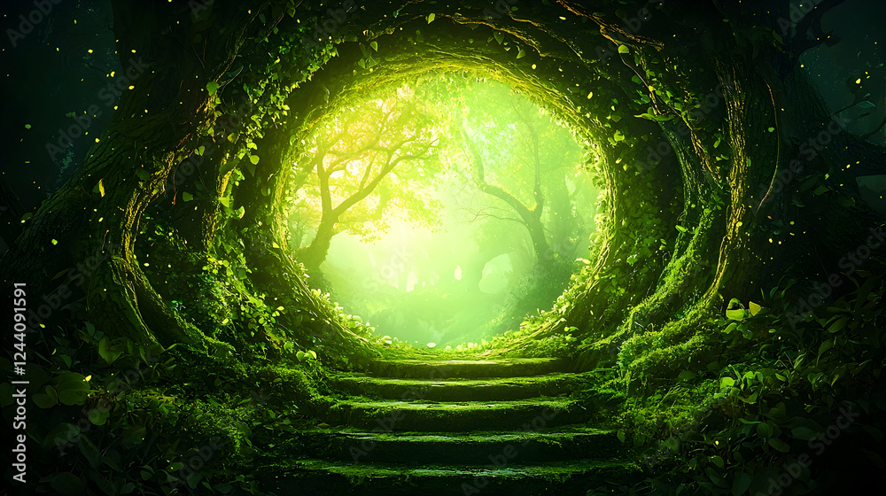 Obraz premium Magical forest portal, stone steps leading to sunlit woods. Fantasy backdrop for games, posters