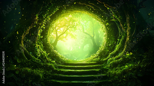 Magical forest portal, stone steps leading to sunlit woods. Fantasy backdrop for games, posters