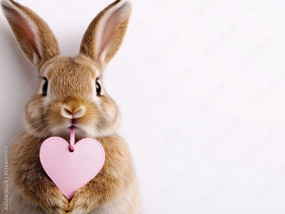 Fototapeta premium Cute rabbit holding a pink heart, showcasing love and affection in a playful manner.