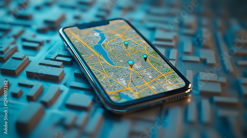 Phone with map and pins. Phone app, gps tracker, geo location, uber route, pin pointer, navigation plan, online search, taxi app, uber mobile service concept.