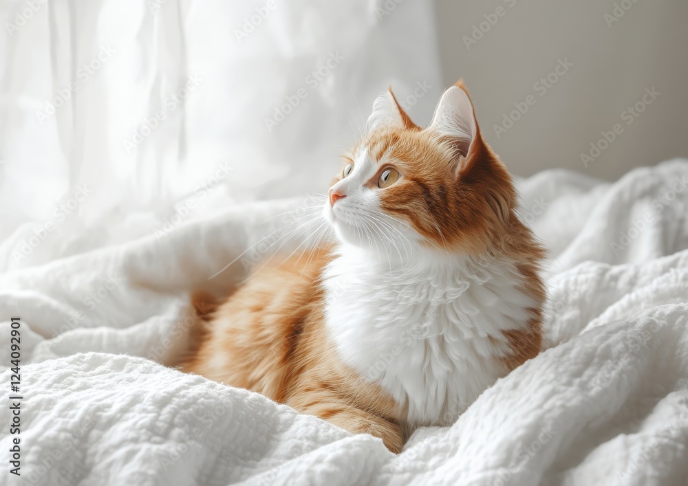Naklejka premium Charming Orange Cat Relaxing on Soft White Bedding with Dreamy Expression in Sunlit Room