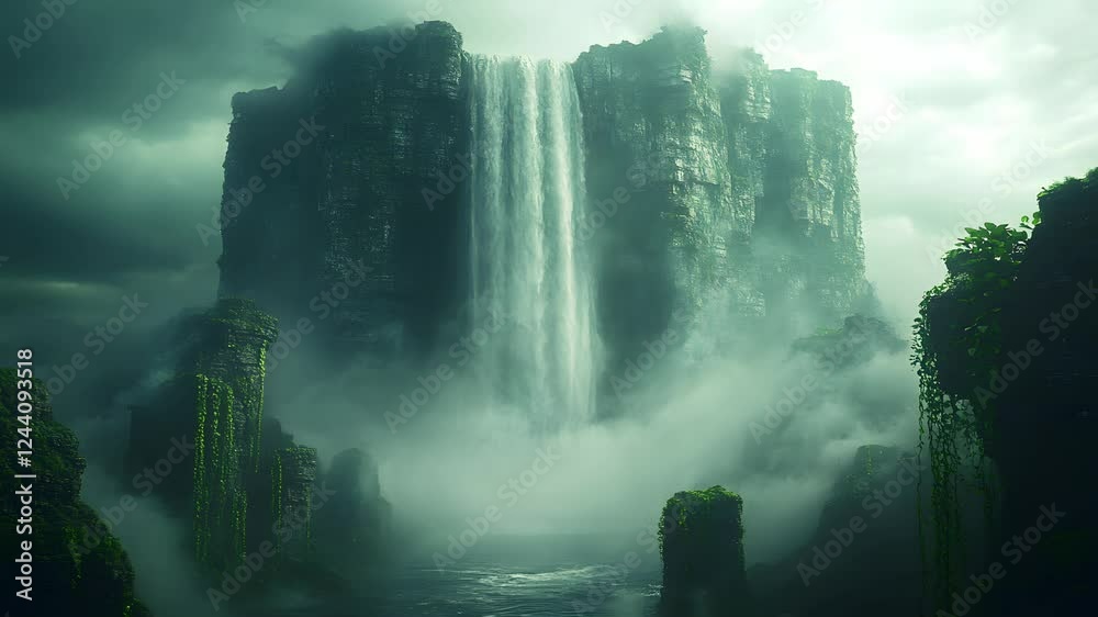 Majestic waterfall cascading down foggy cliffs surrounded by lush greenery. Seamless looping time lapse animation video background
