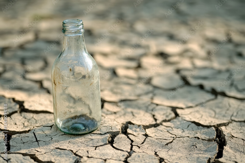 Empty glass bottle sits alone on dry, cracked earth under a harsh sun Empty glass bottle sits alone on dry, cracked earth under a harsh sun