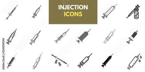 Set of Medical Injection icons, syringe icon vector black and white. Doctors often use syringes to prevent and treat malignant diseases. Injection icon, Syringe,