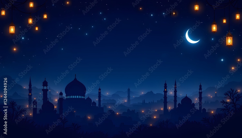 Night Cityscape Silhouette with Lanterns and Crescent Moon Night Cityscape Silhouette with Lanterns and Crescent Moon