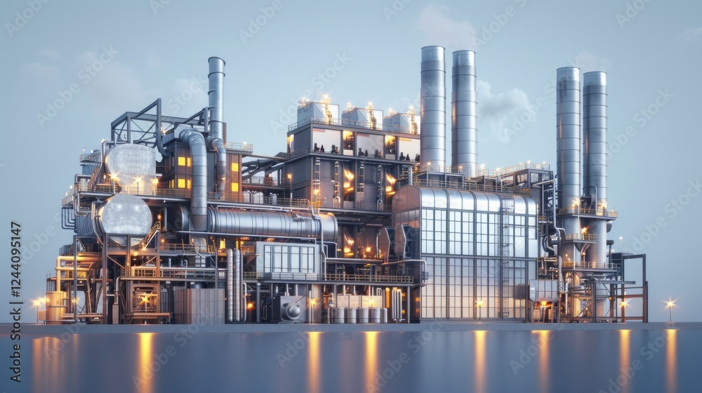 Industrial complex with pipes, towers and lighting on sunset background. Suitable for illustrations in articles about industry, energy, engineering projects. Industrial complex with pipes, towers and lighting on sunset background. Suitable for illustrations in articles about industry, energy, engineering projects.