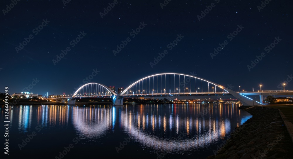 Nighttime cityscape featuring illuminated modern bridge reflecting on calm river under starry sky Nighttime cityscape featuring illuminated modern bridge reflecting on calm river under starry sky