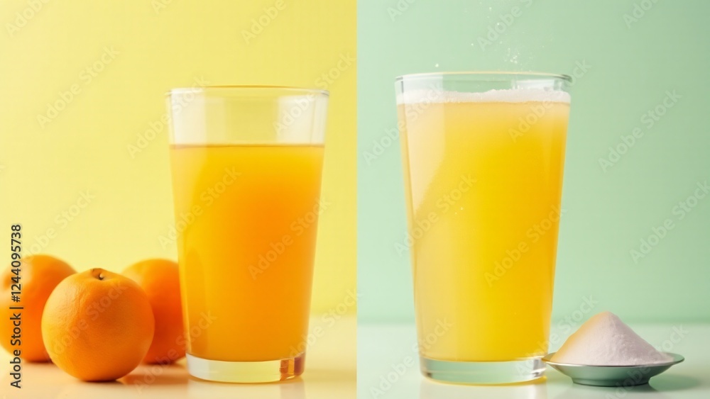 A split image showing the difference between natural, fresh orange juice and sugary, processed juice with additives, emphasizing the importance of whole foods.