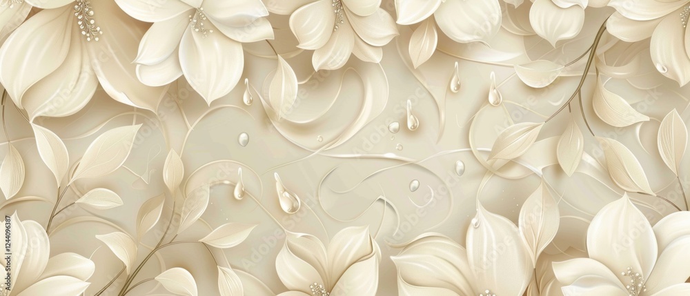 Background with elegant white flowers and dew drops, perfect for wedding invitations, cosmetics packaging or minimalist interior design. Background with elegant white flowers and dew drops, perfect for wedding invitations, cosmetics packaging or minimalist interior design.