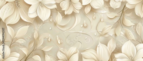 Wallpaper Mural Background with elegant white flowers and dew drops, perfect for wedding invitations, cosmetics packaging or minimalist interior design. Torontodigital.ca