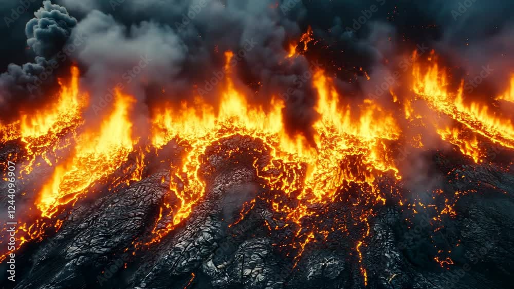 Erupting Volcano with Flowing Lava and Dramatic Smoke Clouds Above Erupting Volcano with Flowing Lava and Dramatic Smoke Clouds Above