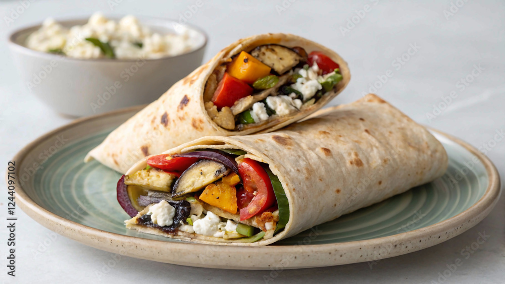 A close-up of a freshly made vegetable wrap, showcasing vibrant bell peppers, eggplant, and crumbled cheese, perfect for a nutritious meal A close-up of a freshly made vegetable wrap, showcasing vibrant bell peppers, eggplant, and crumbled cheese, perfect for a nutritious meal