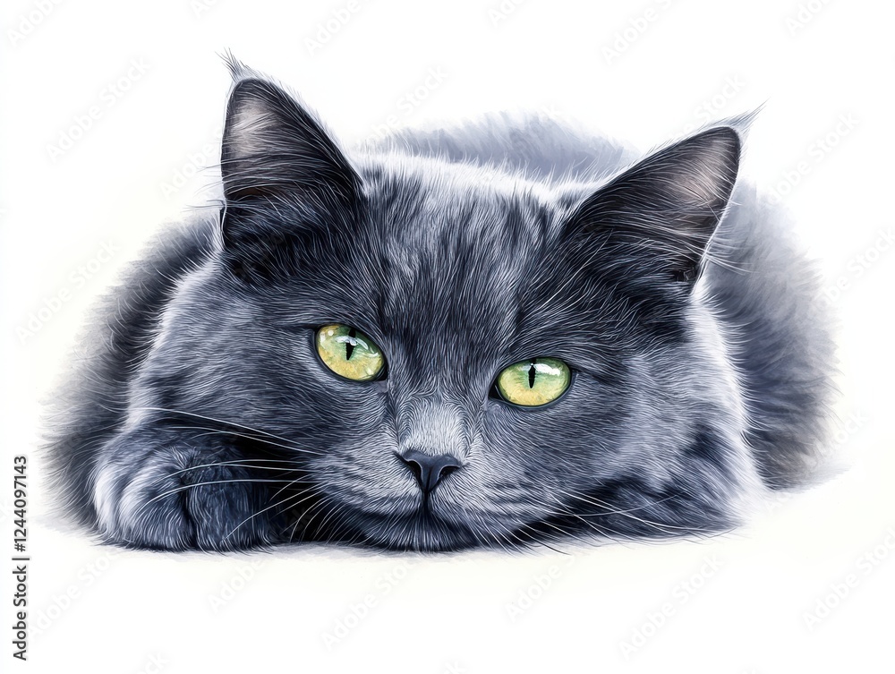 Fototapeta premium Close-up portrait of a fluffy gray cat with striking green eyes relaxing on a soft white surface, showcasing its expressive features and serene demeanor