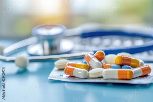Colorful capsules and a stethoscope on a blurred background in a healthcare setting