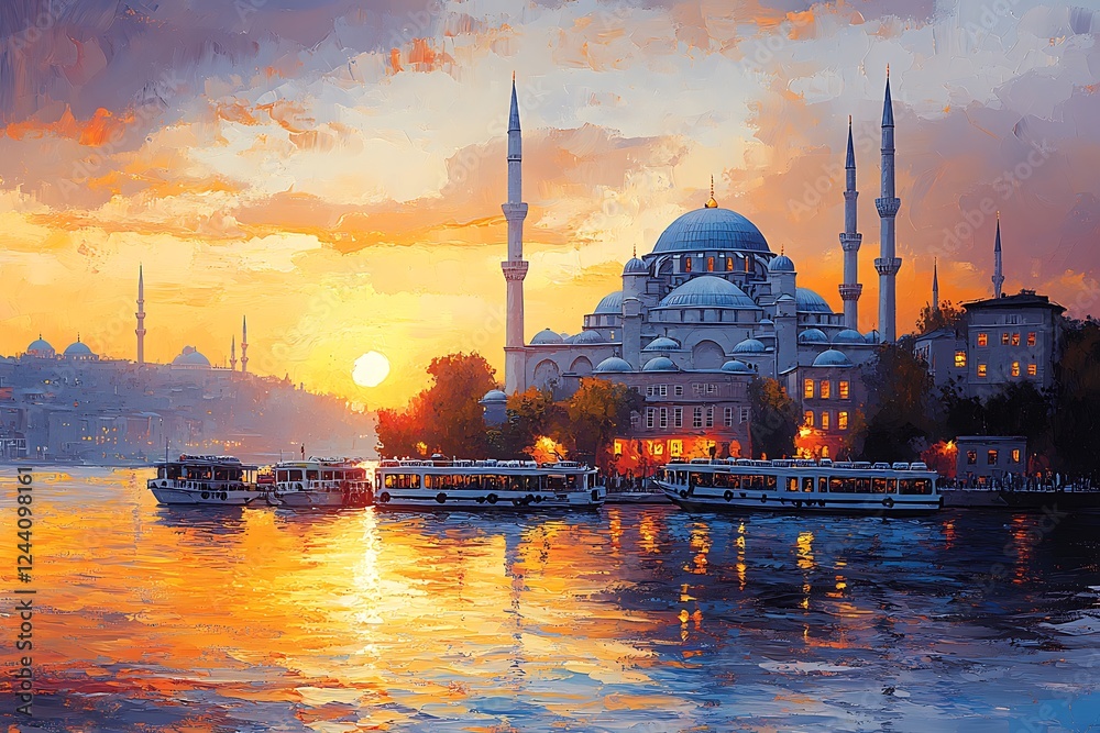 Obraz premium Istanbul Mosque at Sunset, a Colorful Impressionist Painting