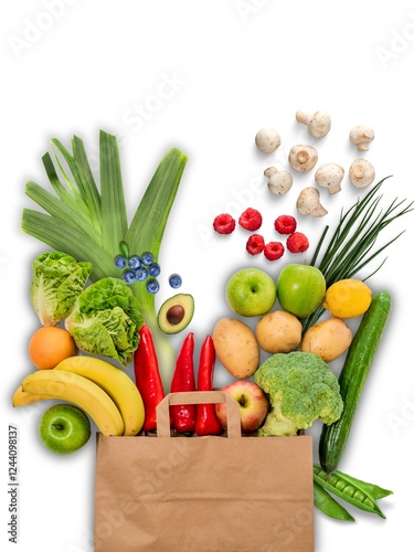 paper bag vegetables fruits on white