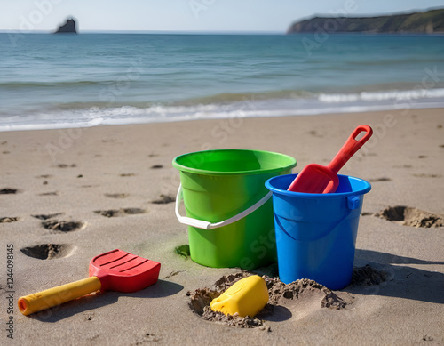 bucket and toys on the beach