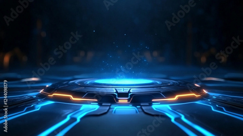 3D rendering of a blue, glowing podium platform with a hologram and a futuristic background.