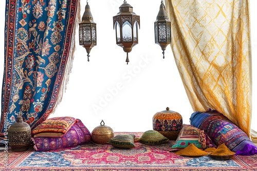 Vibrant Mid-Century Moroccan Decor with Intricate Lanterns and Carpets