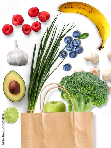 paper bag vegetables fruits on white